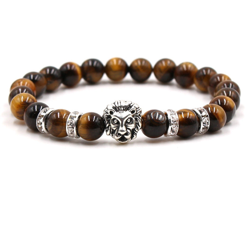 Hot Selling 8MM Frosted Stone Volcano Stone Agate metal Lion Head Beaded Bracelet