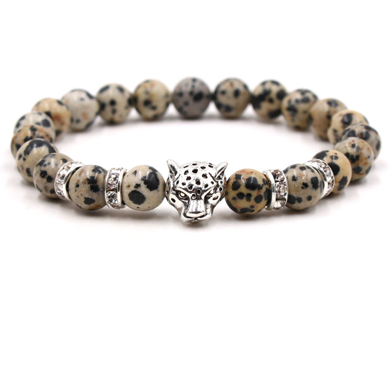 Volcanic Agate Metal Leopard Head Beaded Bracelet