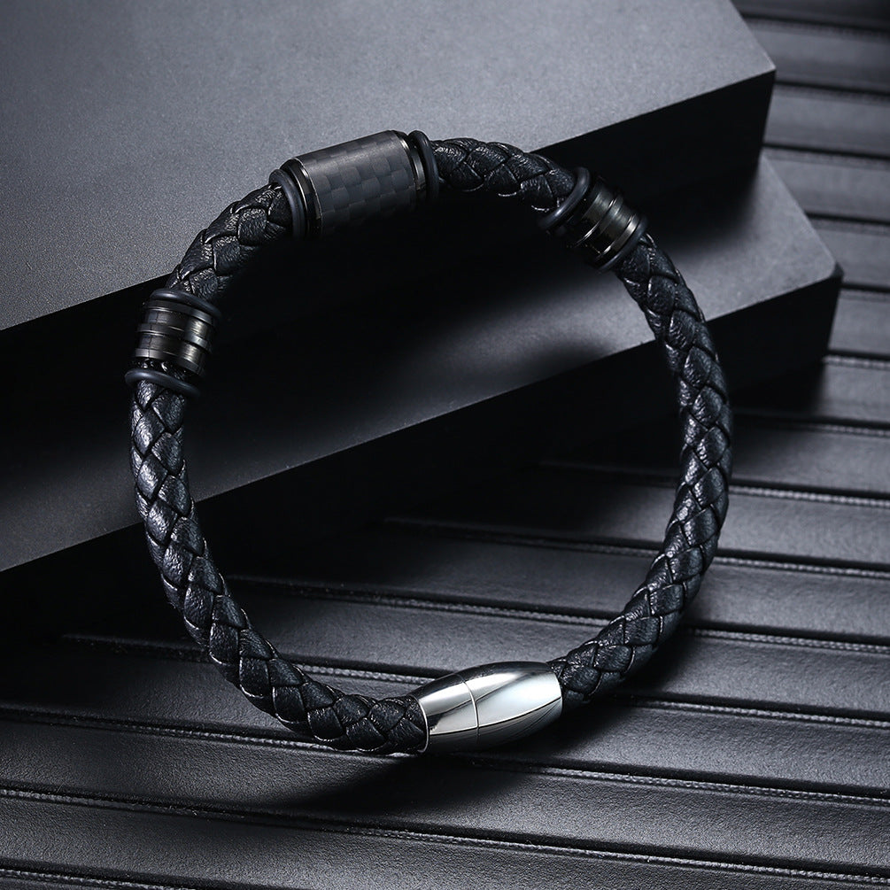 Men's Solid Carbon Fiber Genuine Leather Bracelets and Titanium Steel Jewelry