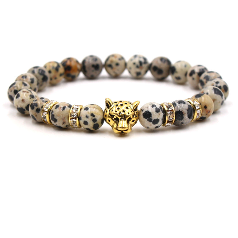 Volcanic Agate Metal Leopard Head Beaded Bracelet