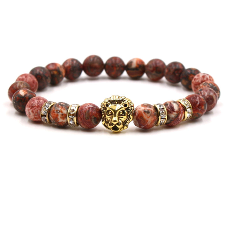 Hot Selling 8MM Frosted Stone Volcano Stone Agate metal Lion Head Beaded Bracelet