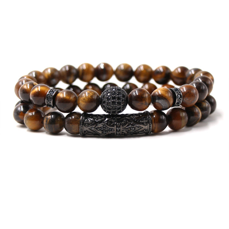 Popular Jewelry Bracelet Natural Stone Tiger Eye Stone Micro Inlaid Zircon Ball Bracelet Set