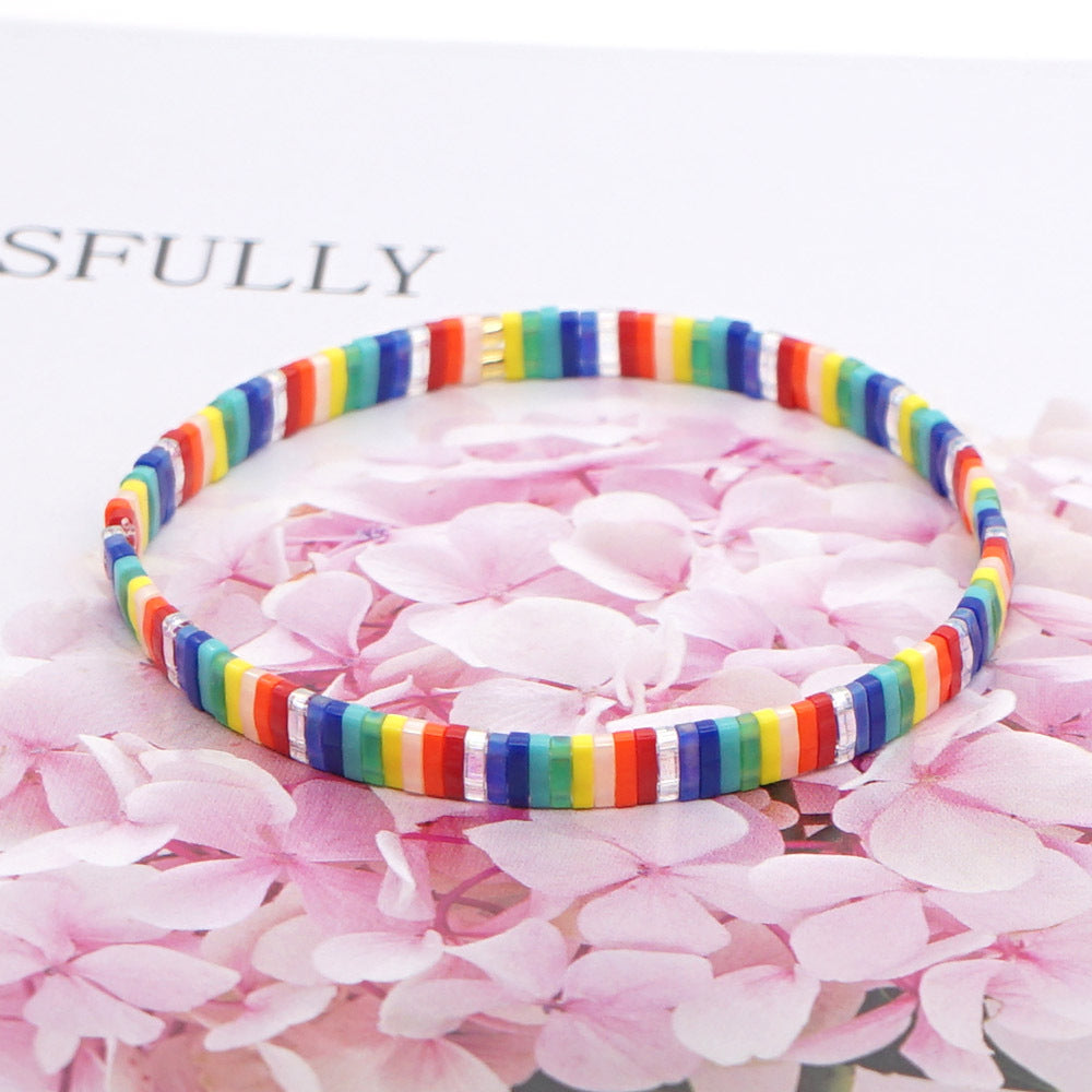 Bohemian personality and fashion, multi-layered Tila beads, rainbow striped beaded female bracelet.