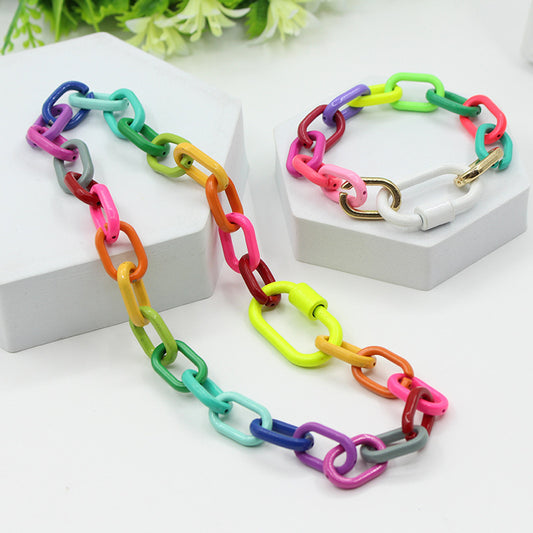 Fashion popular exaggerated metal colorful candy color chain women's bracelet necklace set