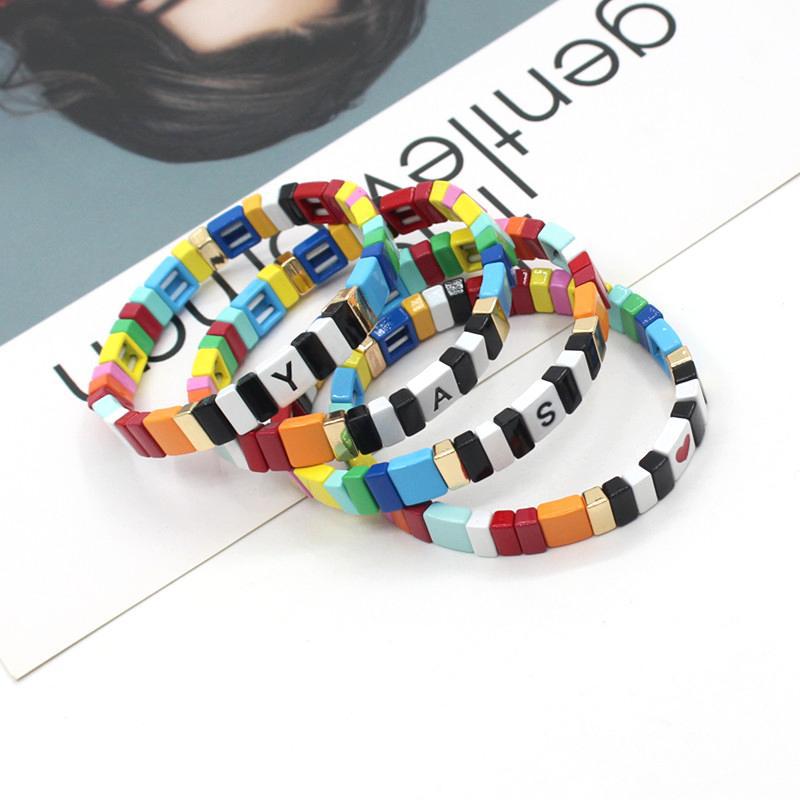 Modern letter 26 initials enamel Bohemian elastic tile women's bracelet