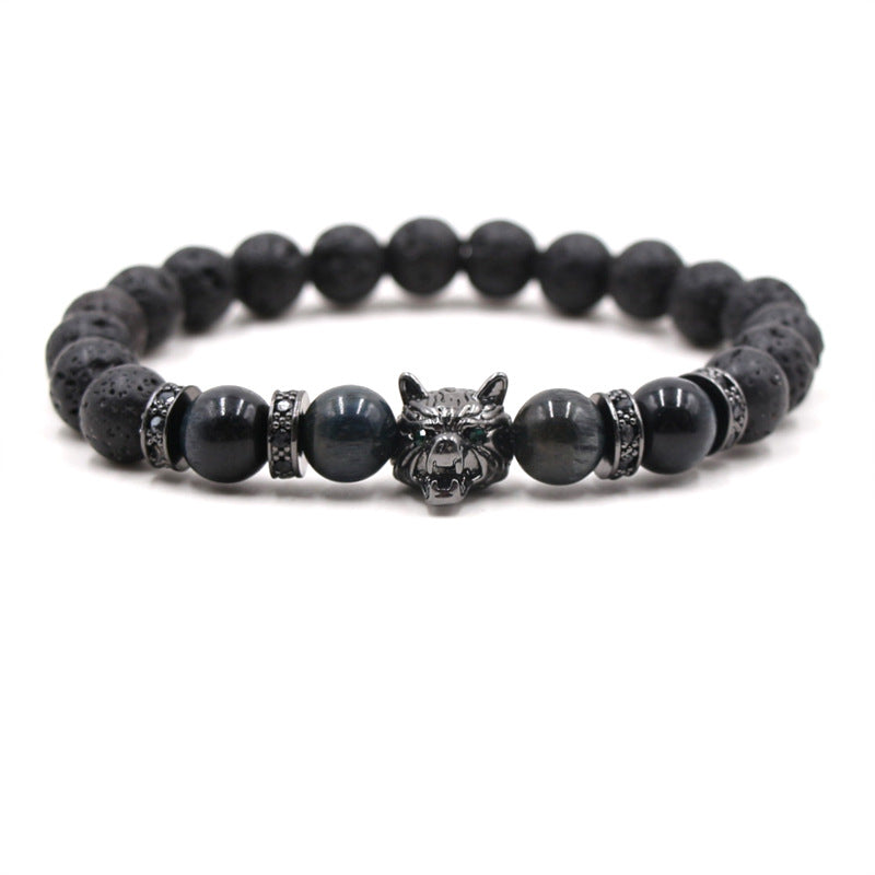 Accessories Bracelet Black Lava Volcanic Stone Micro-set Zircon Leopard Head Men's and Women's Bracelet