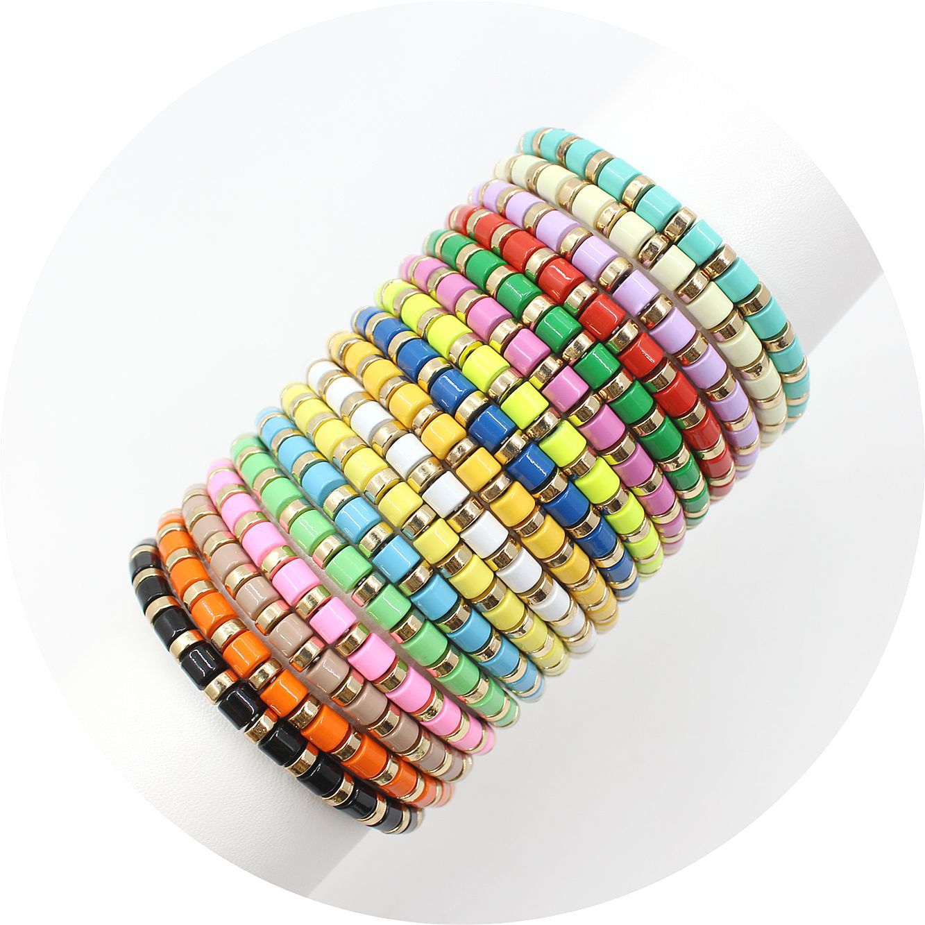 Bohemian style stackable enamel lacquered rainbow tube beads bracelet