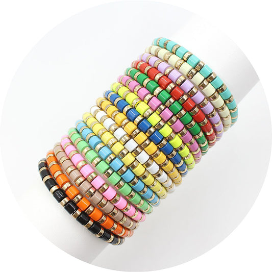 Bohemian style stackable enamel lacquered rainbow tube beads bracelet