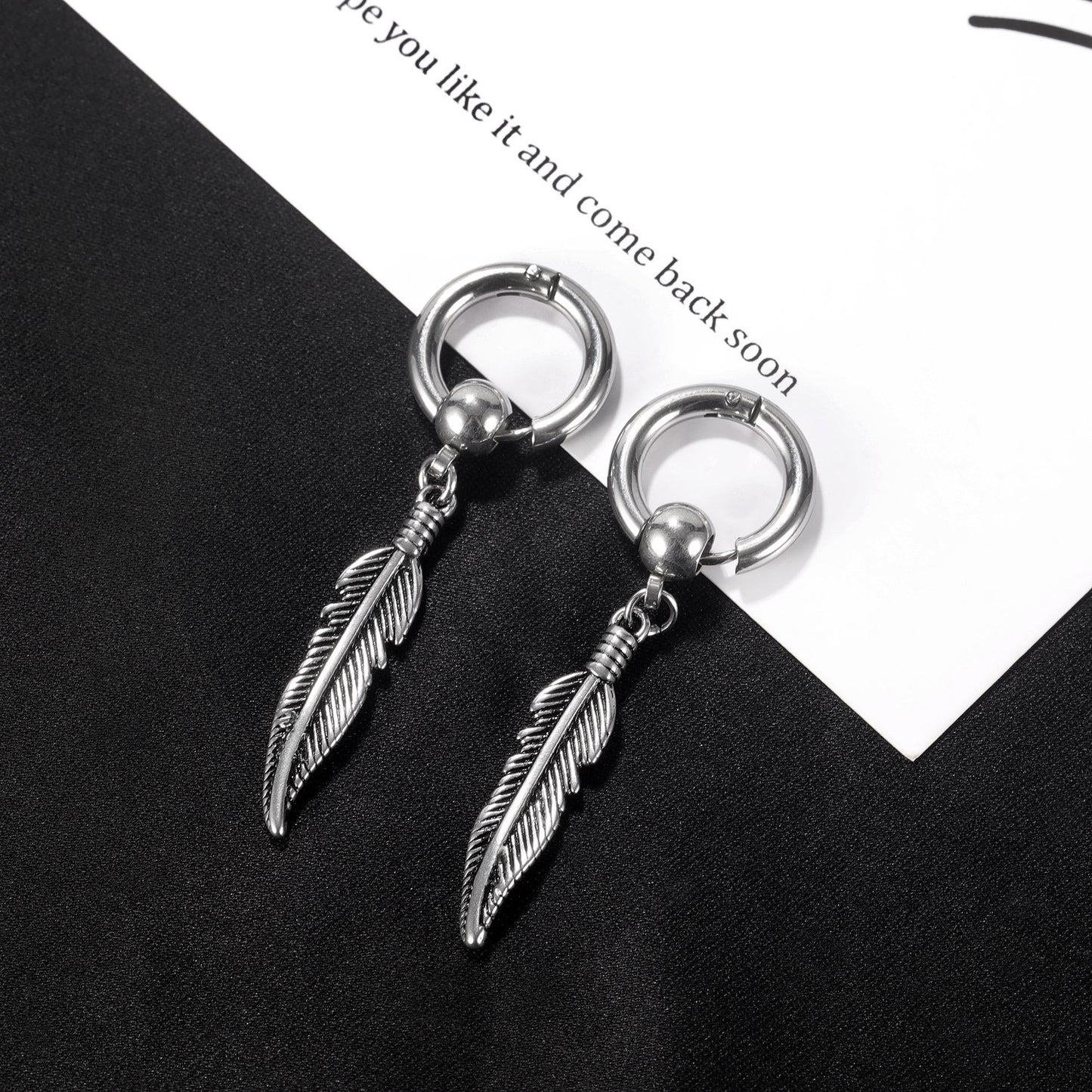 Cojoy street retro hip hop leaf tassel stainless steel hoops earrings