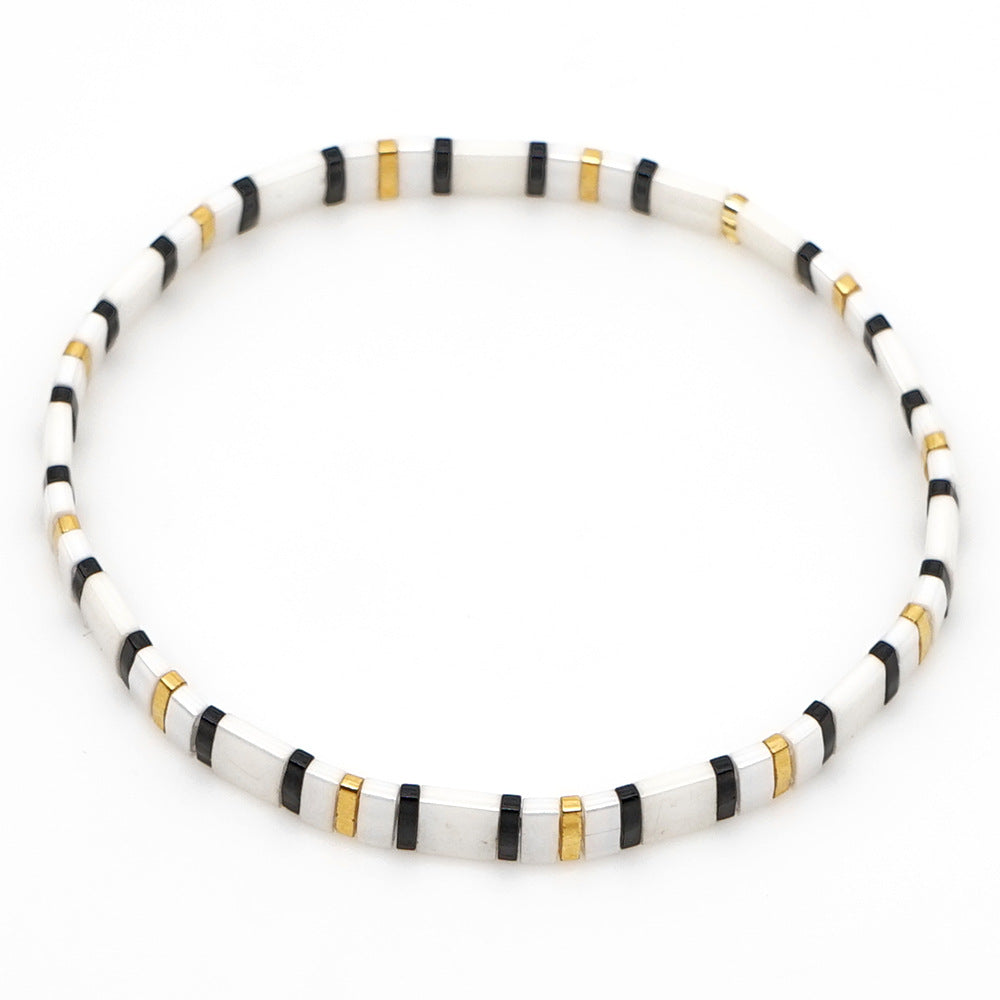 Bohemian ethnic style retro glass Tila bead woven black and white striped rainbow beaded bracelet for women