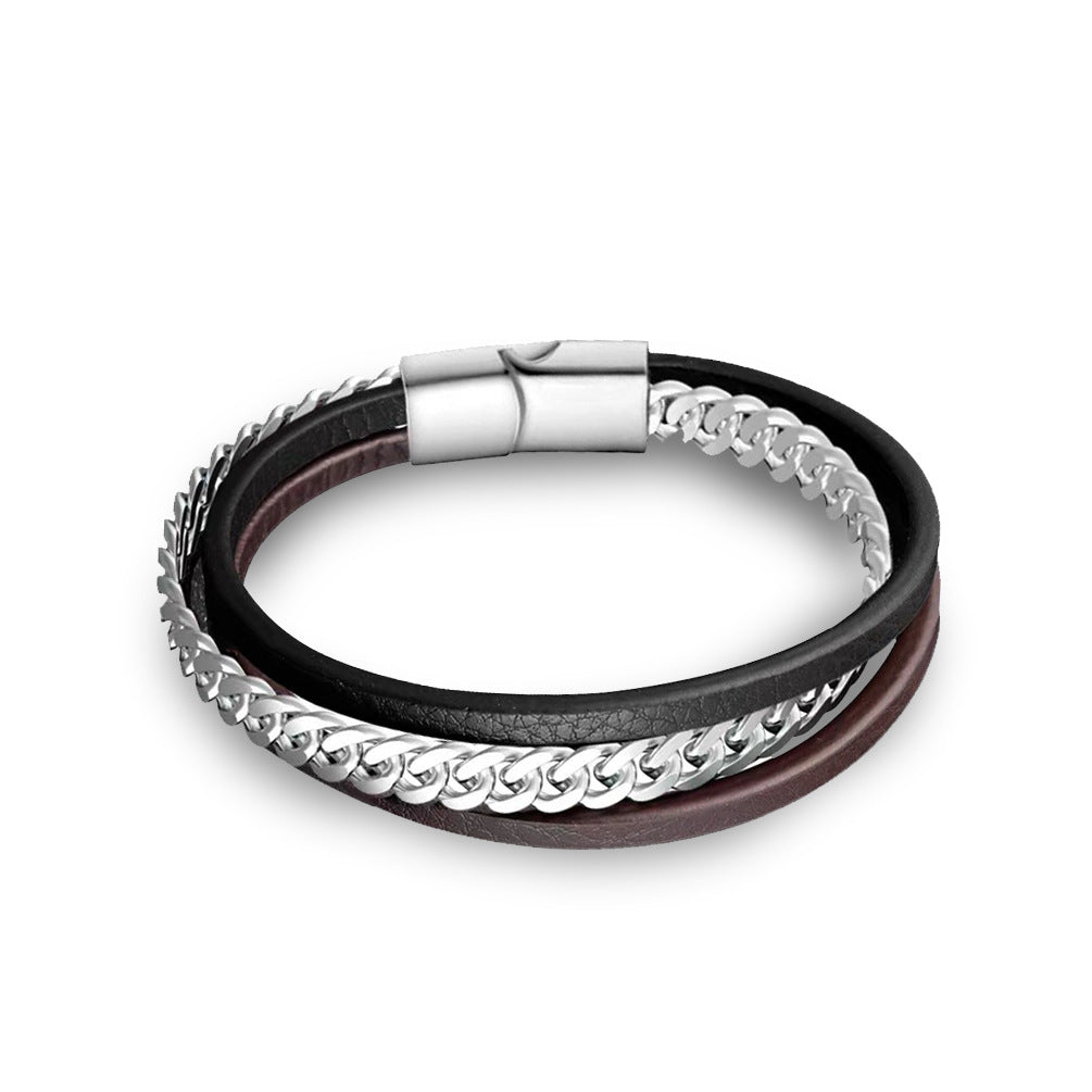 New fashion stainless steel three-layer leather rope magnetic clasp bracelet