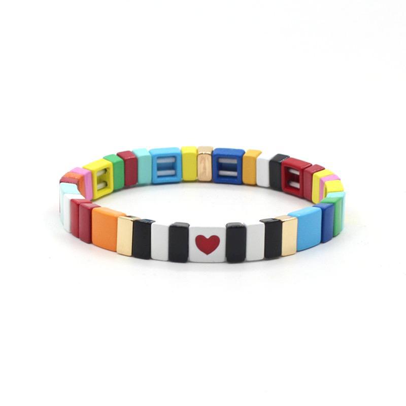 Modern letter 26 initials enamel Bohemian elastic tile women's bracelet