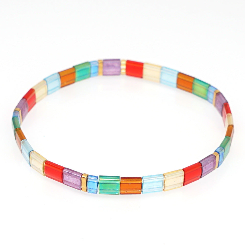 Simple bohemian ethnic style rainbow Tila glass beads woven stripe beads women's summer bracelet