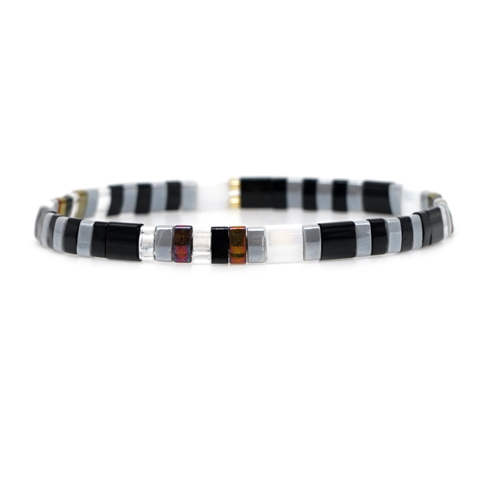 Bohemian ethnic style retro glass Tila bead woven black and white striped rainbow beaded bracelet for women