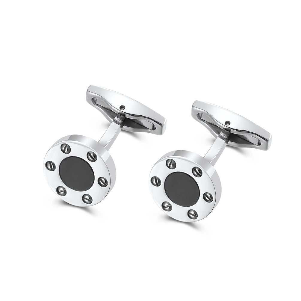 New vintage screw creative round onyx titanium steel shirt cufflinks