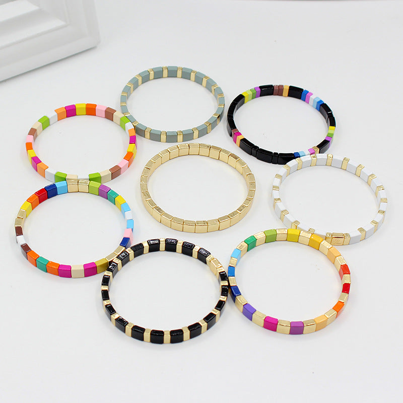 Bohemian square rainbow elastic square beaded bracelet