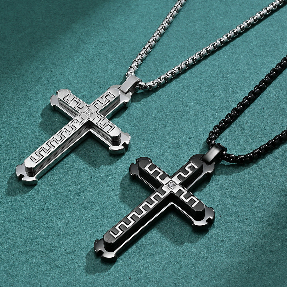 New men's Great Wall pattern design three-layer cross pendant simple titanium steel necklace