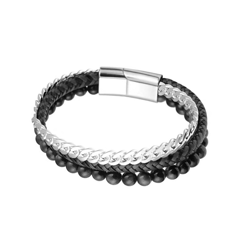 Hot-selling titanium steel men's three-layer kyanite bracelet creative black agate beaded magnetic buckle bracelet