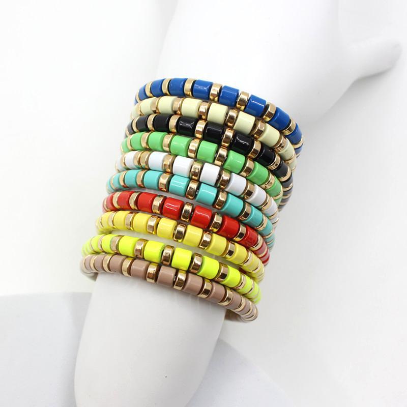 Bohemian style stackable enamel lacquered rainbow tube beads bracelet