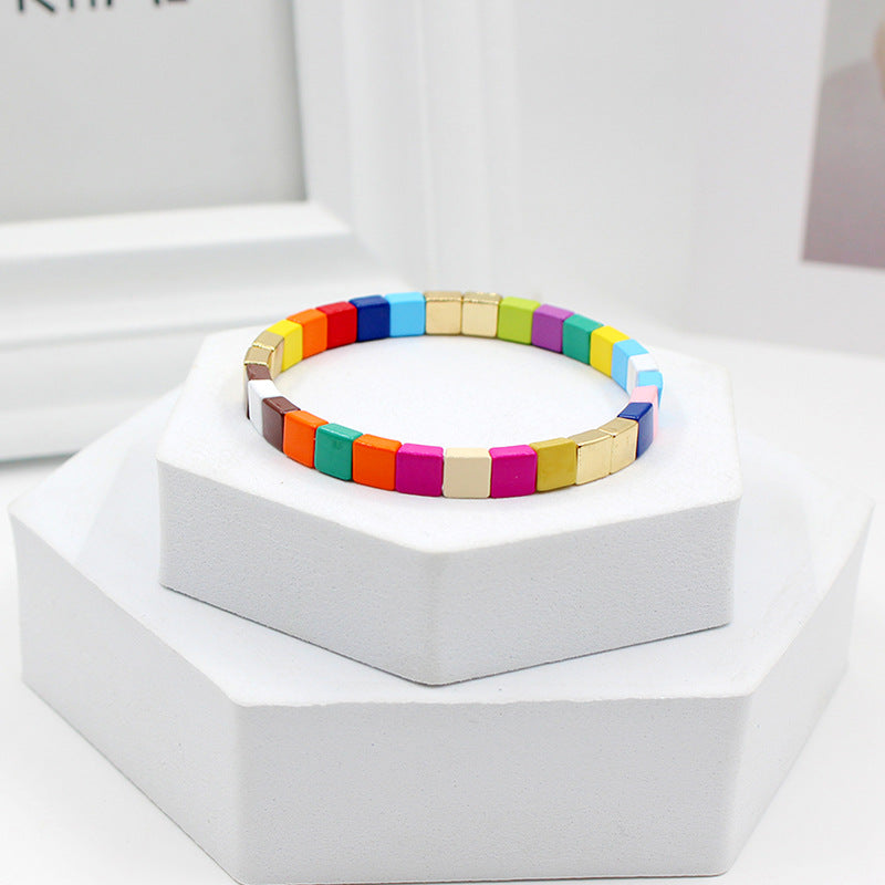 Bohemian square rainbow elastic square beaded bracelet