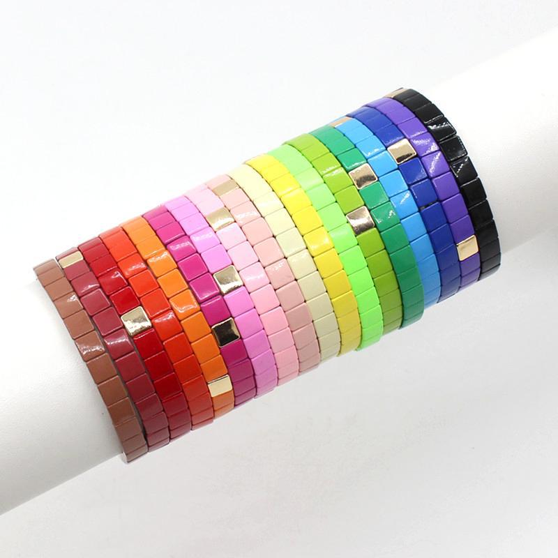 Hot sale enamel bracelet bohemian square tile rainbow stretch bracelet