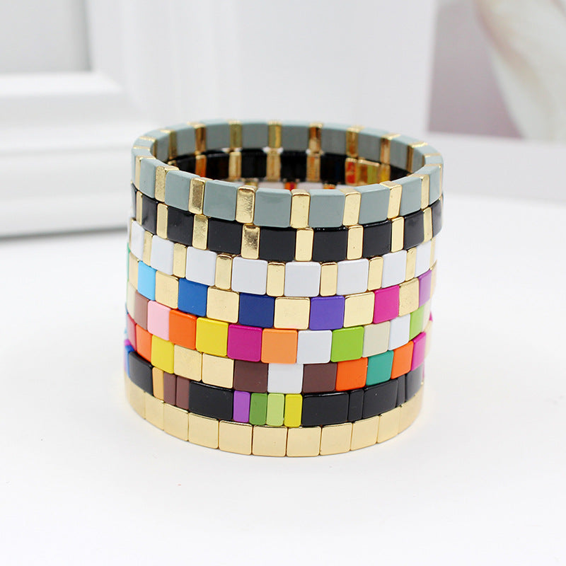 Bohemian square rainbow elastic square beaded bracelet