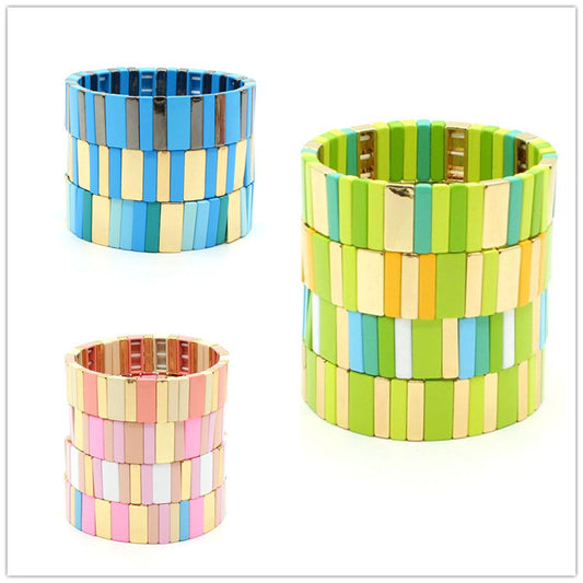 Best-selling enamel bracelet geometric rectangle rainbow bracelet multilayer stackable travel and holiday accessories.