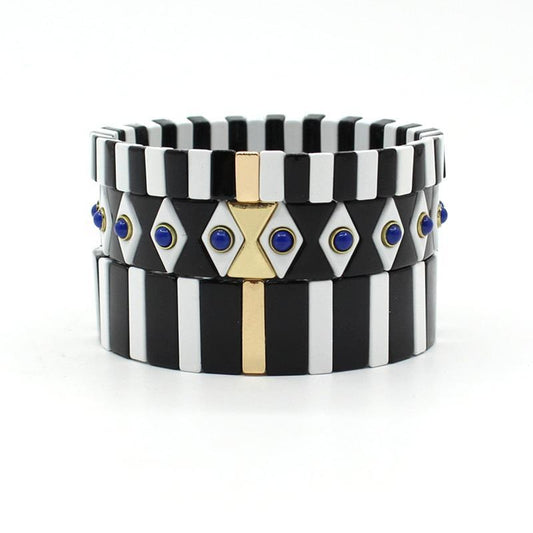 Enamel Bracelet Devil's Eye Bracelet Geometric Rectangle Black and white Set