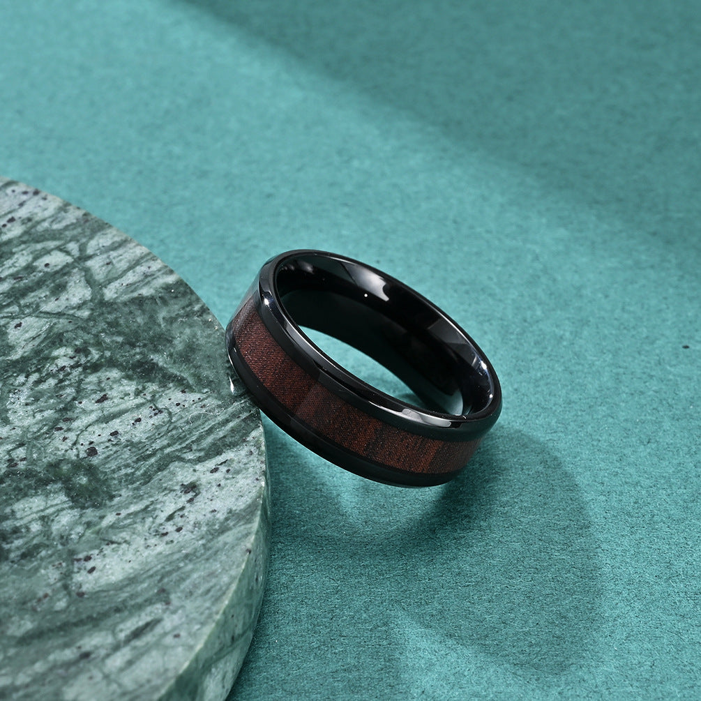 Cross border New Stainless Steel 8mm Double Bevel Wood Grain Drip Glue Ring Simple and Fashionable Men's Ring Jewelry