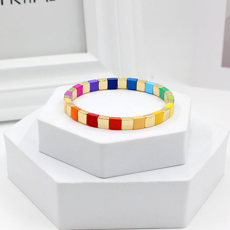 Bohemian square rainbow elastic square beaded bracelet