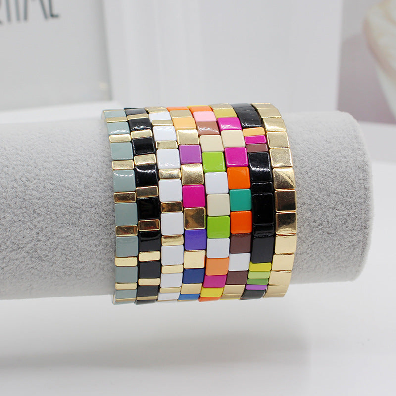 Bohemian square rainbow elastic square beaded bracelet