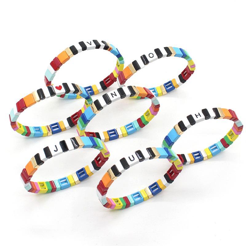 Modern letter 26 initials enamel Bohemian elastic tile women's bracelet