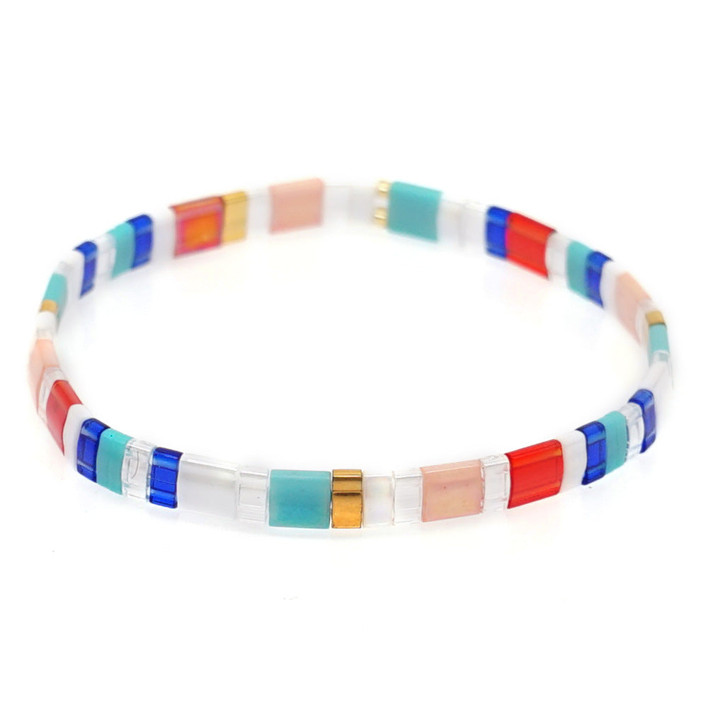 Simple bohemian ethnic style rainbow Tila glass beads woven stripe beads women's summer bracelet