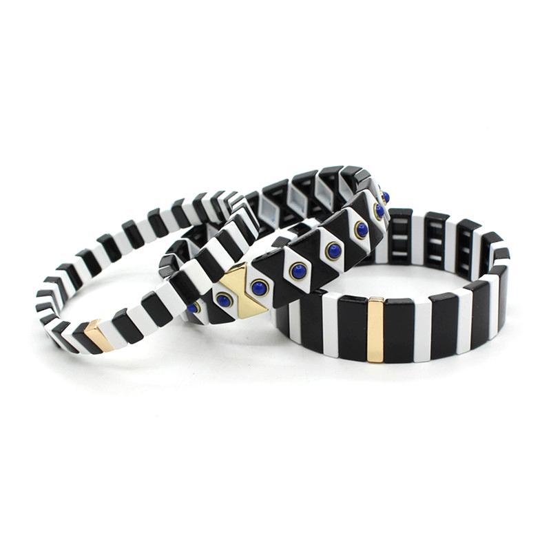 Enamel Bracelet Devil's Eye Bracelet Geometric Rectangle Black and white Set