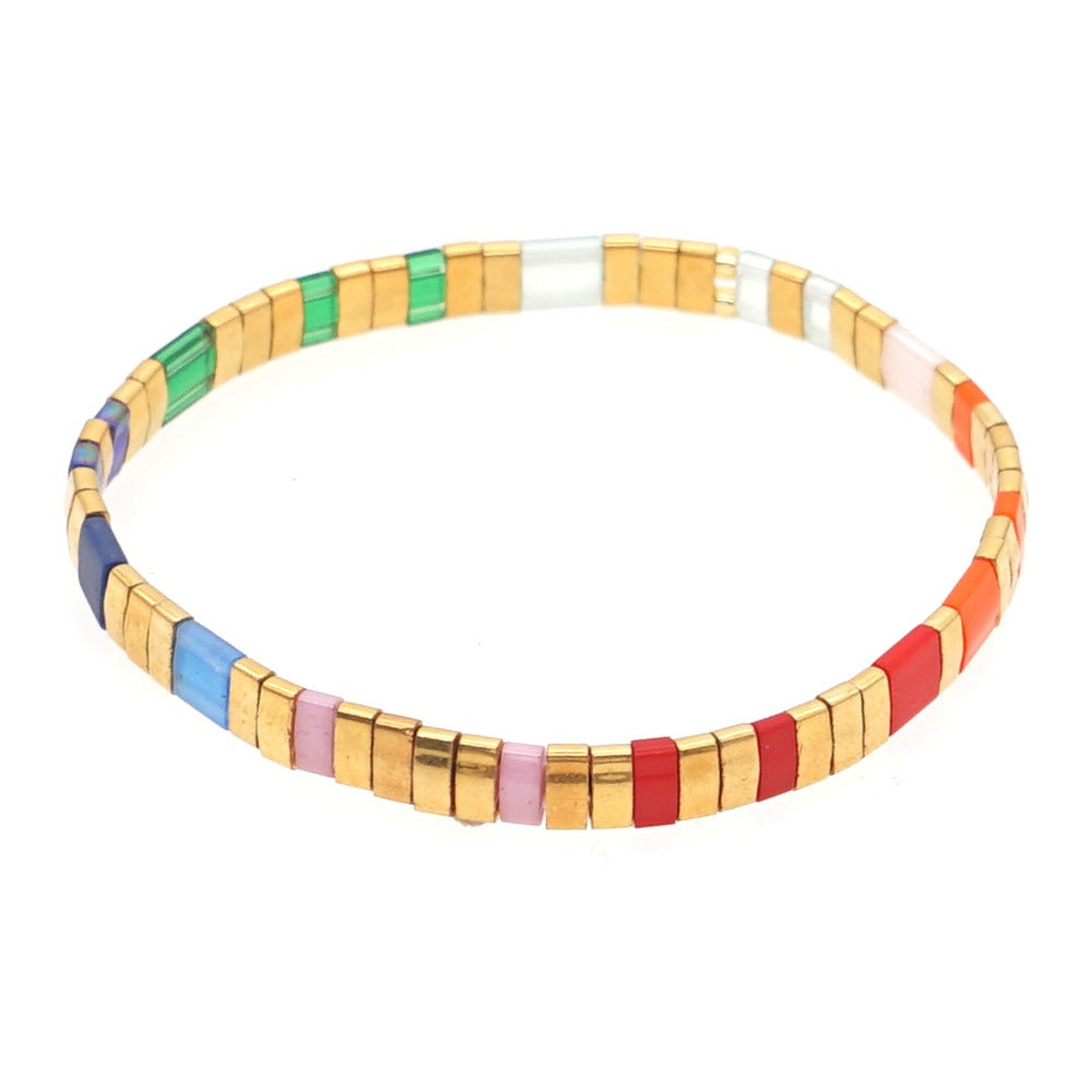 Simple bohemian ethnic style rainbow Tila glass beads woven stripe beads women's summer bracelet