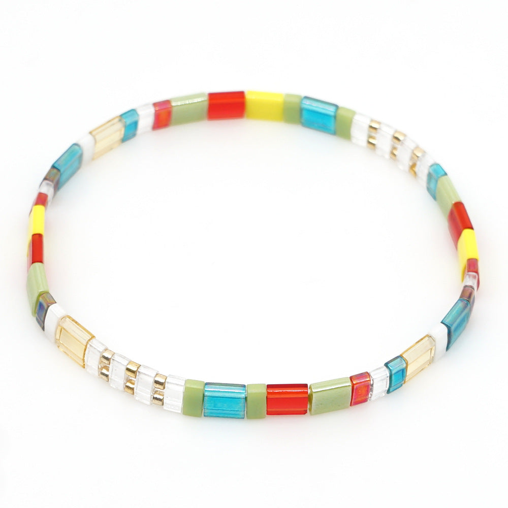 Simple bohemian ethnic style rainbow Tila glass beads woven stripe beads women's summer bracelet