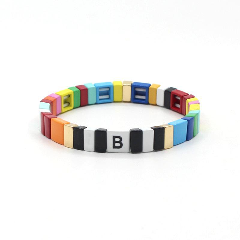 Modern letter 26 initials enamel Bohemian elastic tile women's bracelet