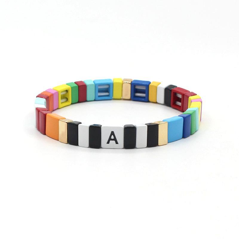 Modern letter 26 initials enamel Bohemian elastic tile women's bracelet