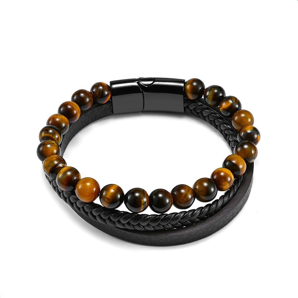 Hot sale titanium steel men's multi-layer volcanic stone woven leather tiger's eye natural stone bracelet