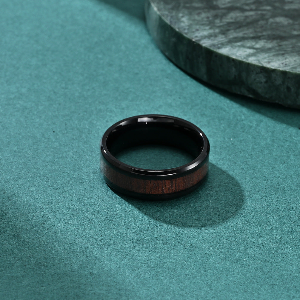 Cross border New Stainless Steel 8mm Double Bevel Wood Grain Drip Glue Ring Simple and Fashionable Men's Ring Jewelry