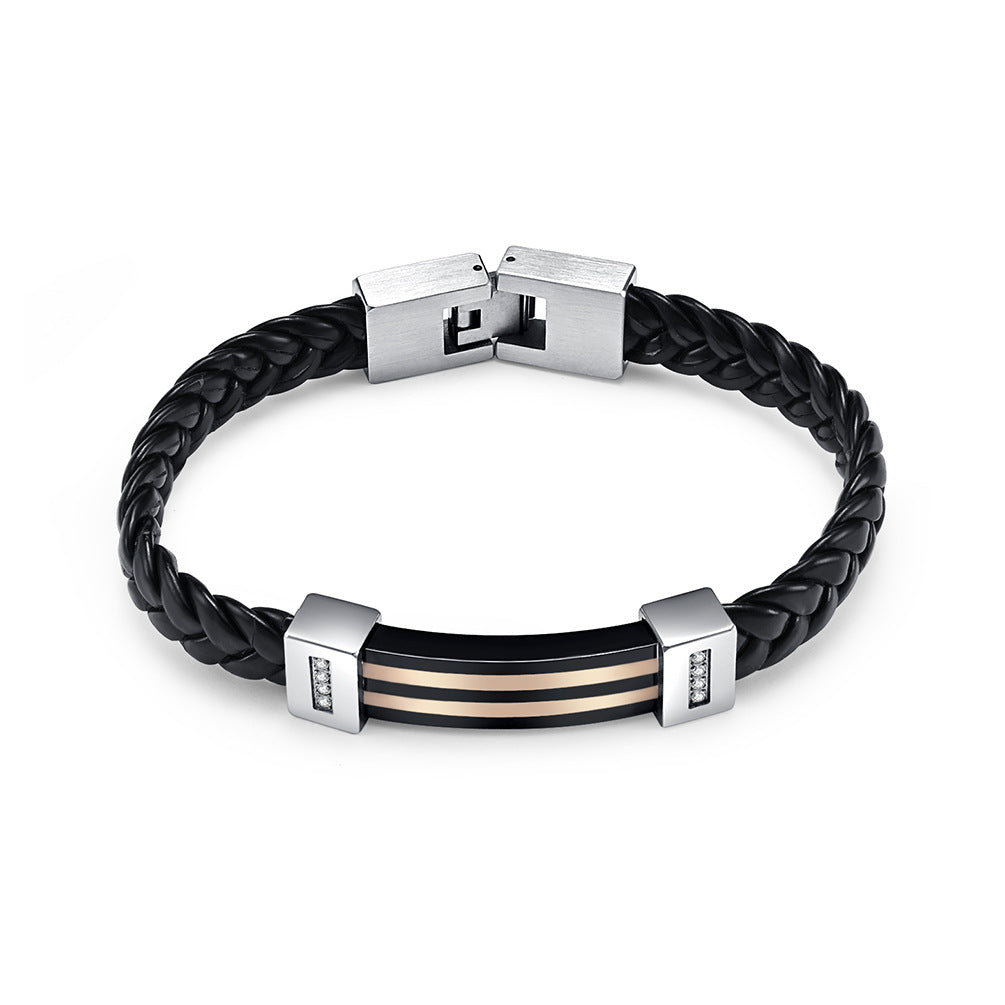 New stainless steel dual color combination woven leather rope bracelet hip-hop trend street men's bracelet jewelry