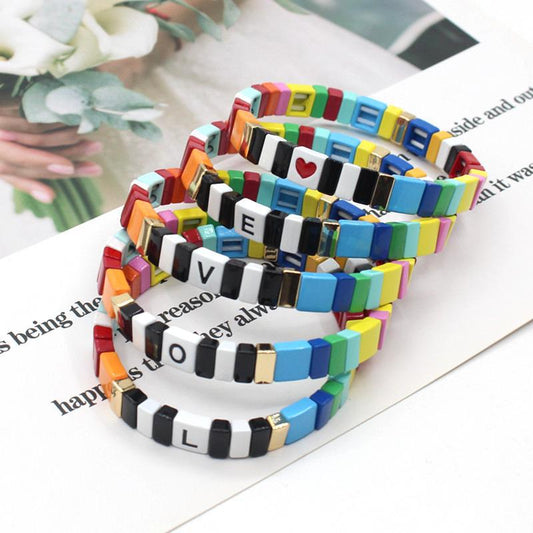 Modern letter 26 initials enamel Bohemian elastic tile women's bracelet