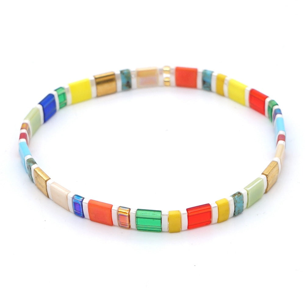 Simple bohemian ethnic style rainbow Tila glass beads woven stripe beads women's summer bracelet