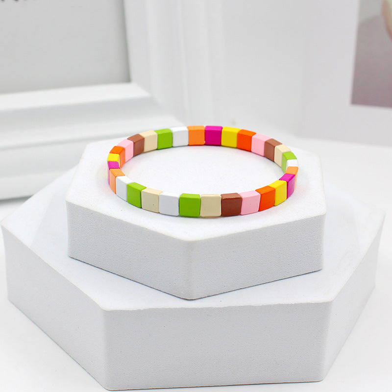 Bohemian square rainbow elastic square beaded bracelet