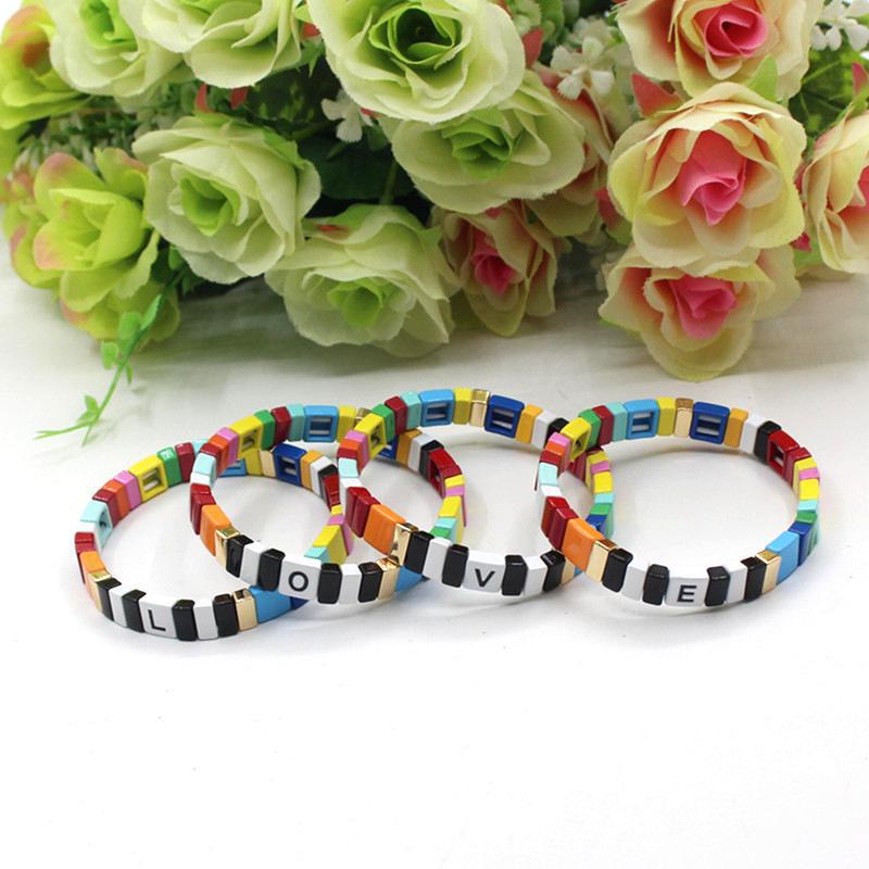 Modern letter 26 initials enamel Bohemian elastic tile women's bracelet