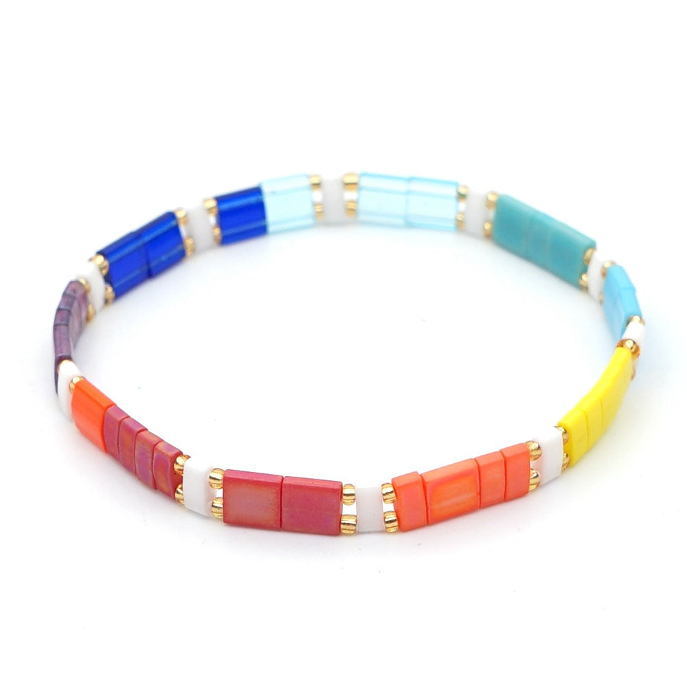 Simple bohemian ethnic style rainbow Tila glass beads woven stripe beads women's summer bracelet