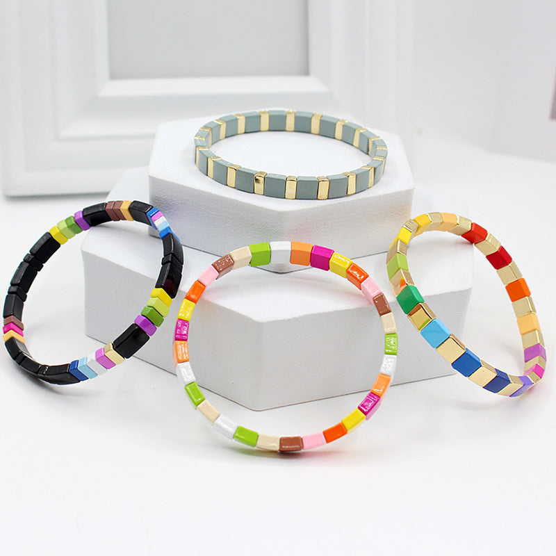 Bohemian square rainbow elastic square beaded bracelet