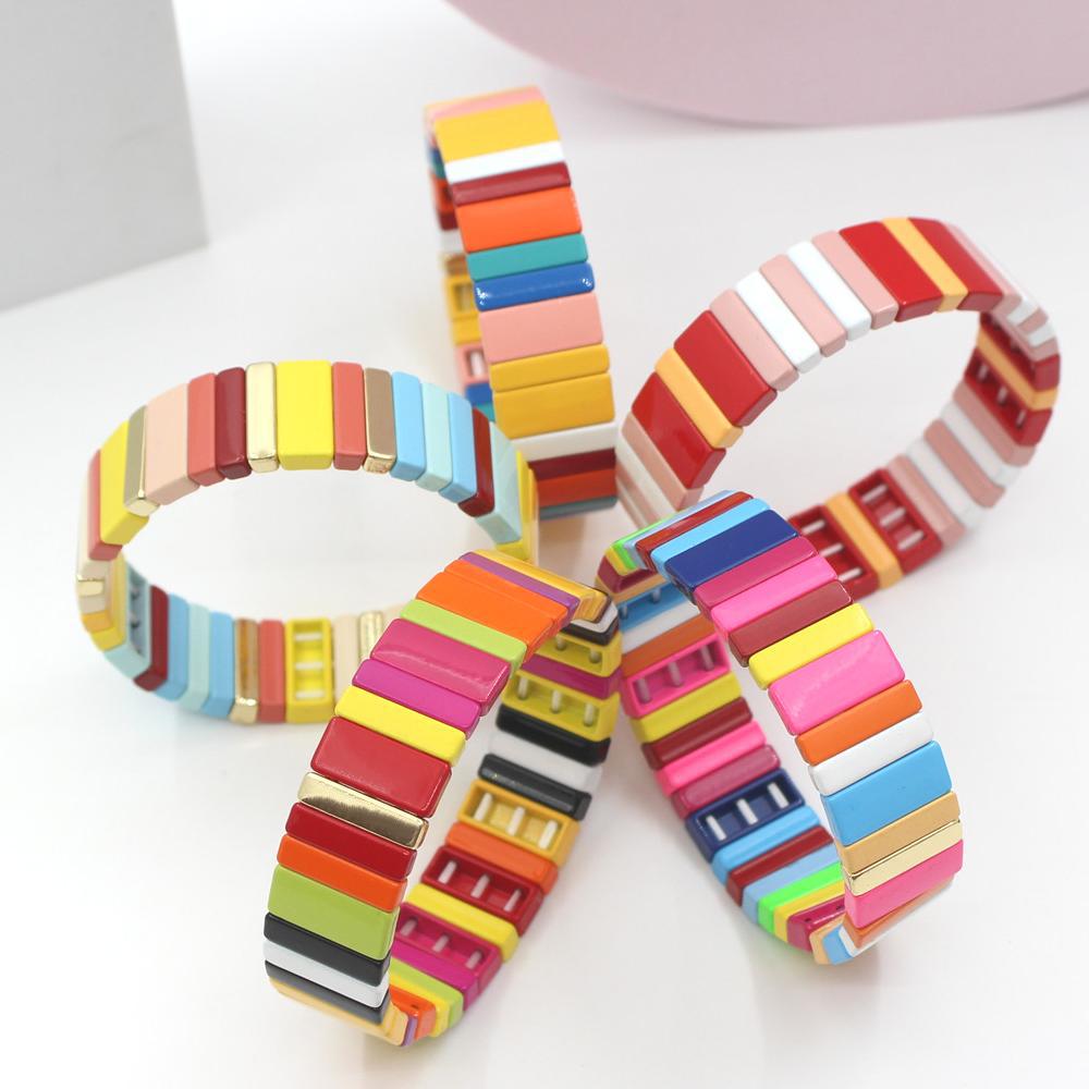 Best selling enamel bracelet geometric rectangle rainbow beaded bracelet.