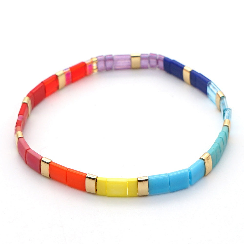 Simple bohemian ethnic style rainbow Tila glass beads woven stripe beads women's summer bracelet