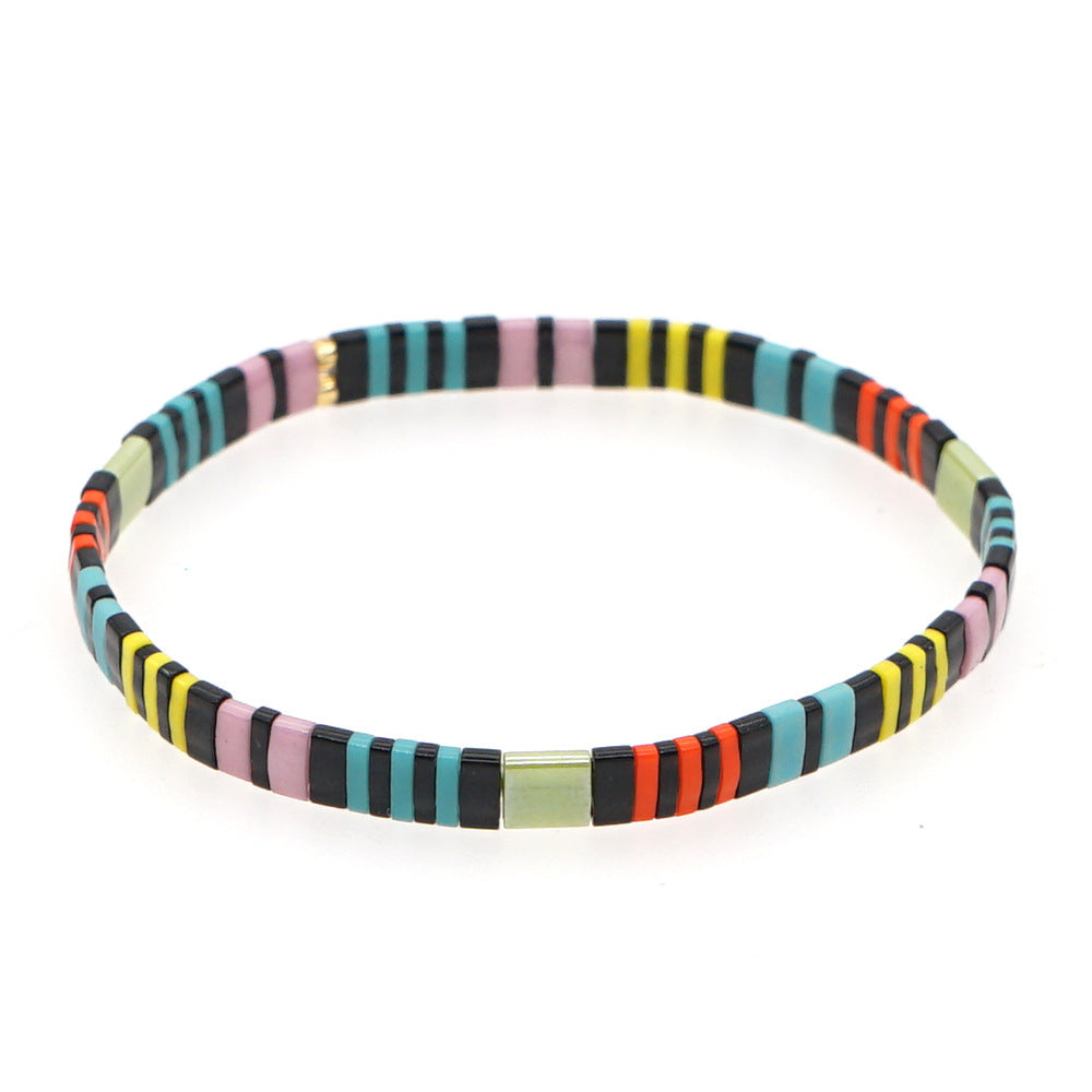 Bohemian ethnic style retro glass Tila bead woven black and white striped rainbow beaded bracelet for women